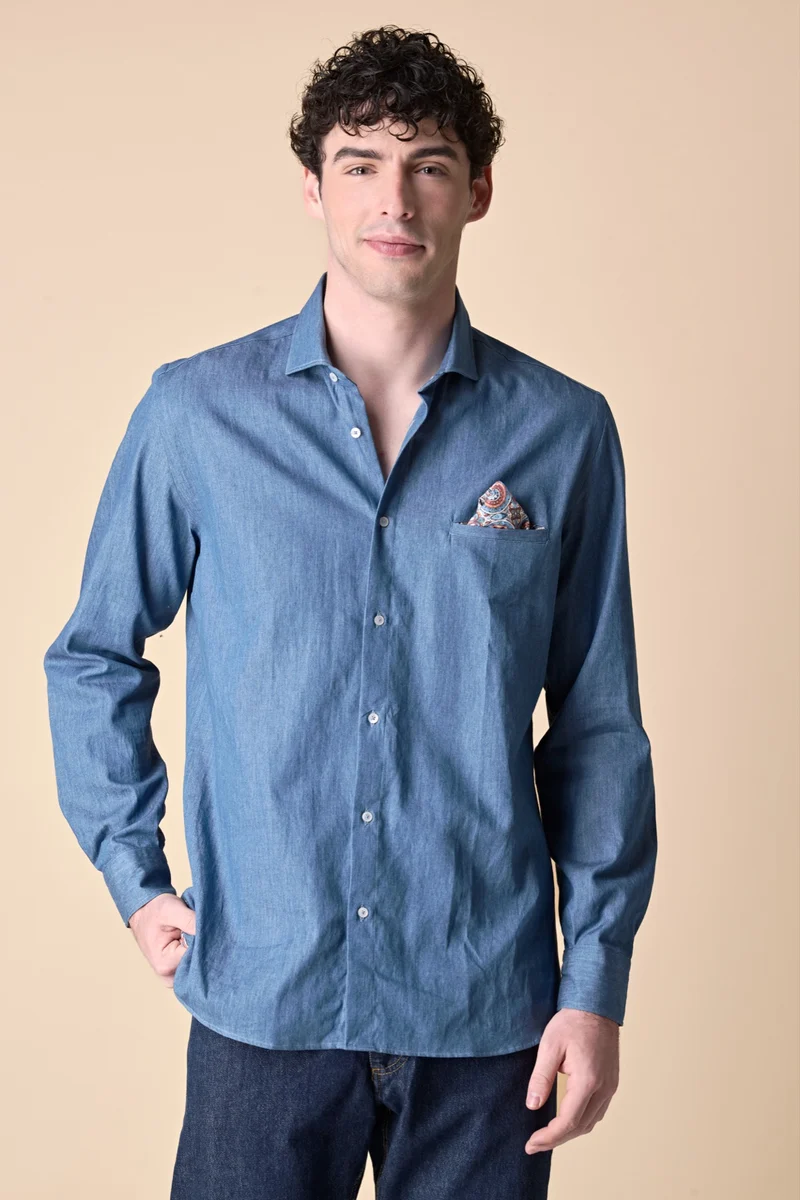 Camicia Jeans con Pochette e dettagli in tessuto V2