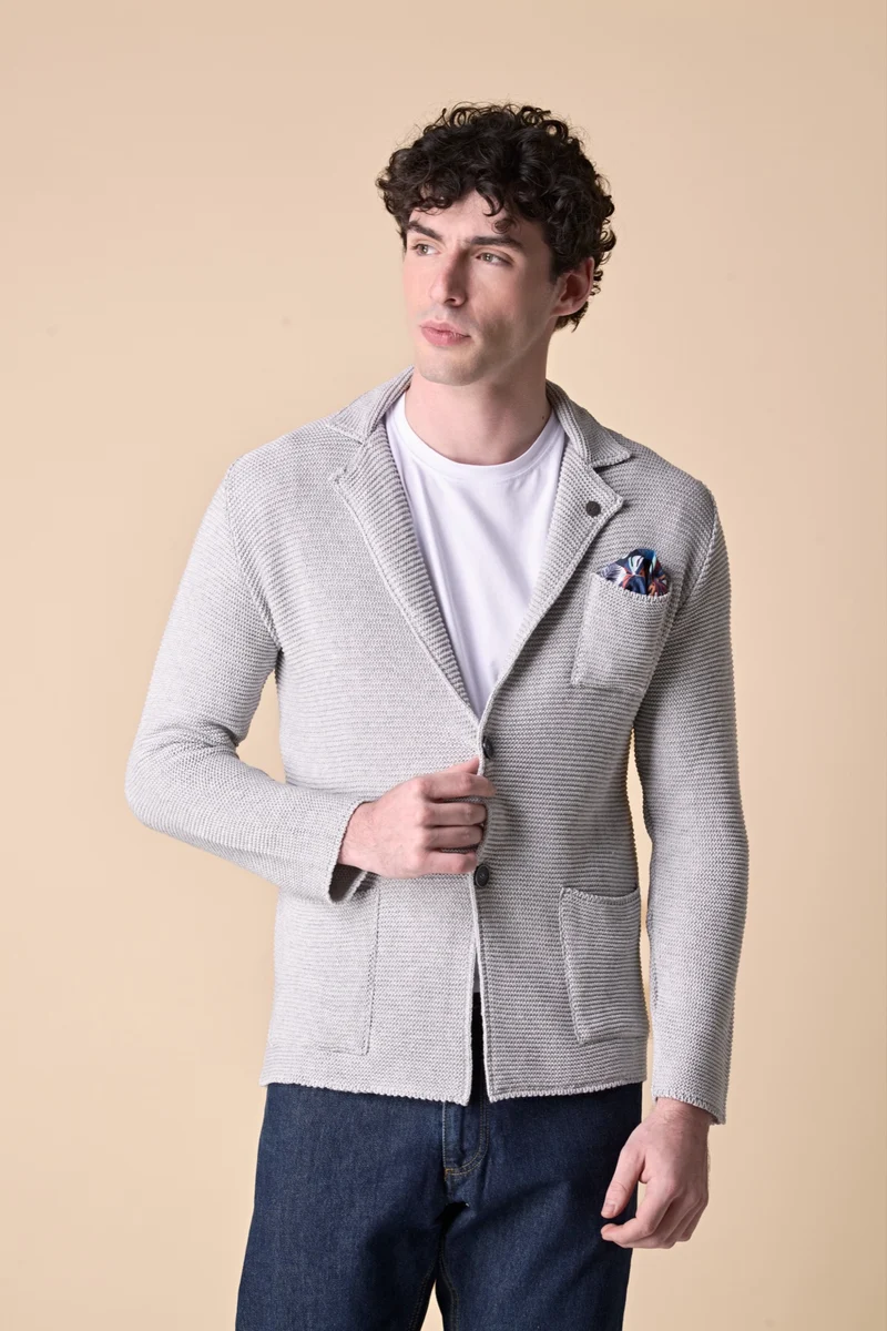 Giacca Monopetto Links Grigio Perla con pochette e interno collo in tessuto V2