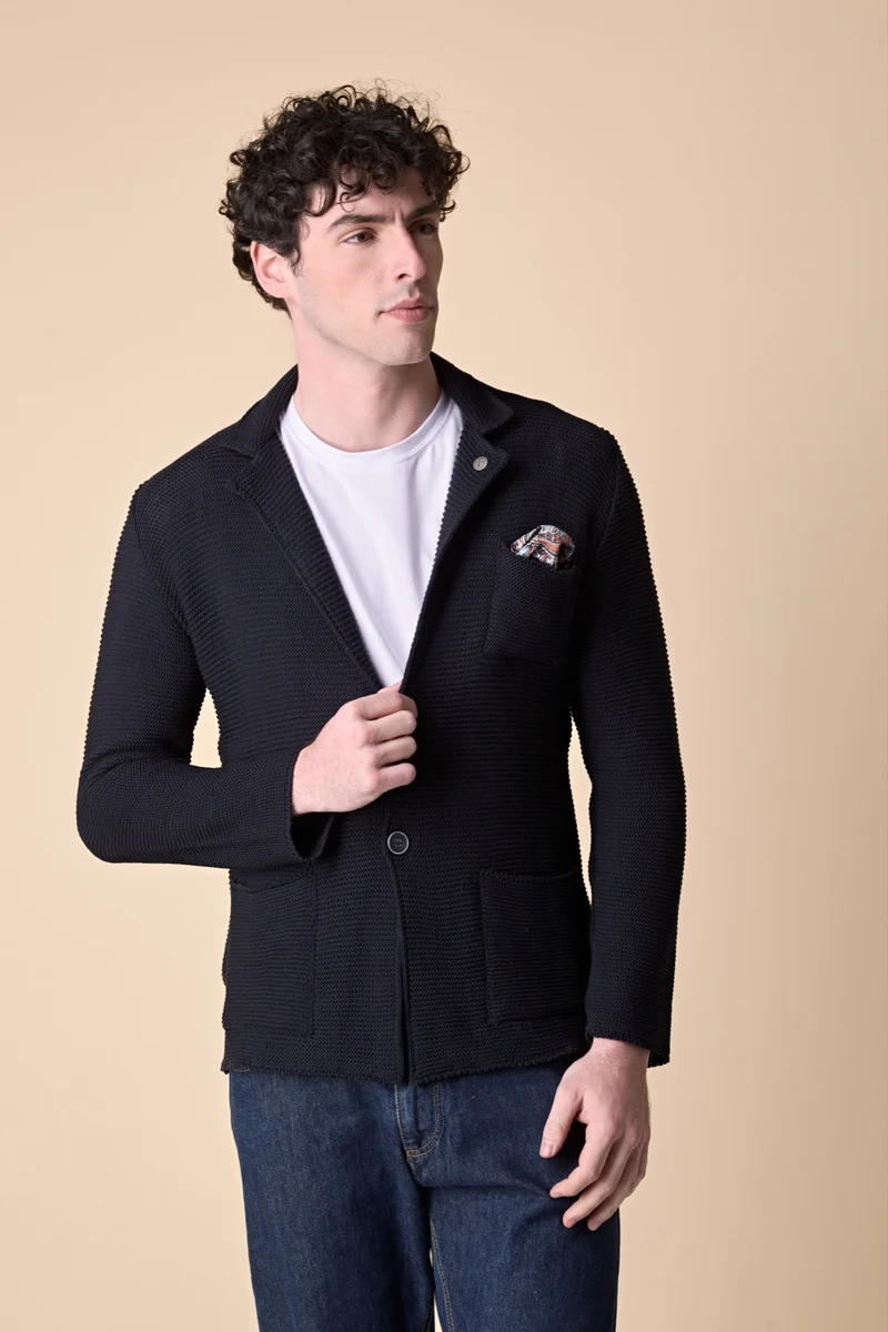 Giacca Monopetto Links Blu con pochette e interno collo in tessuto V2