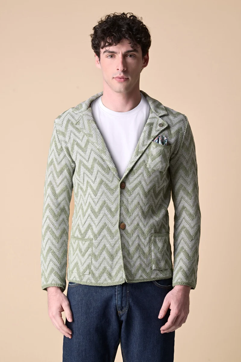 Giacca Monopetto fantasia Zig Zag Pesto Bicolore con pochette in tessuto V2