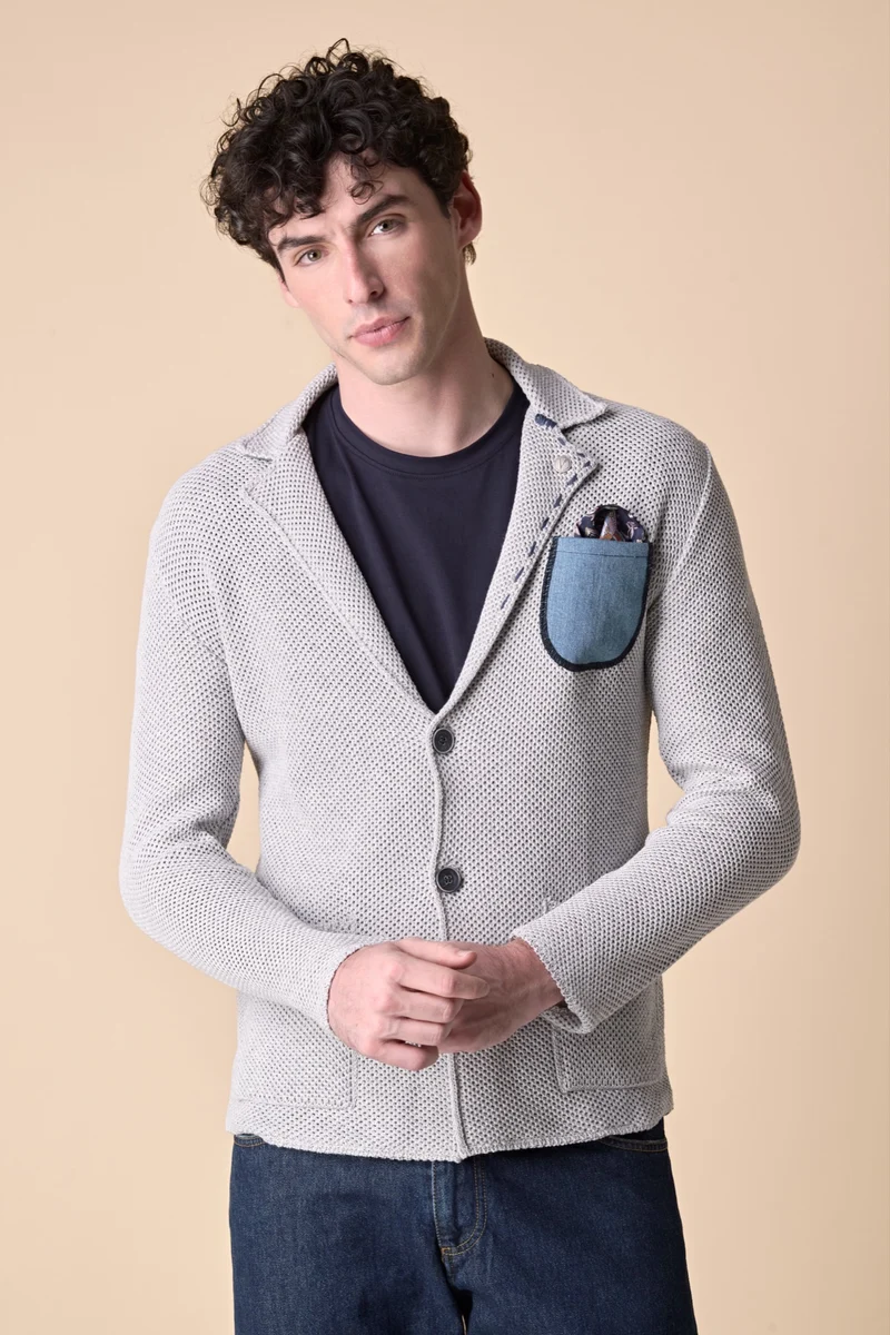 Giacca Monopetto Premium Occhio di Pernice Grigio Perla con pochette in tessuto V2