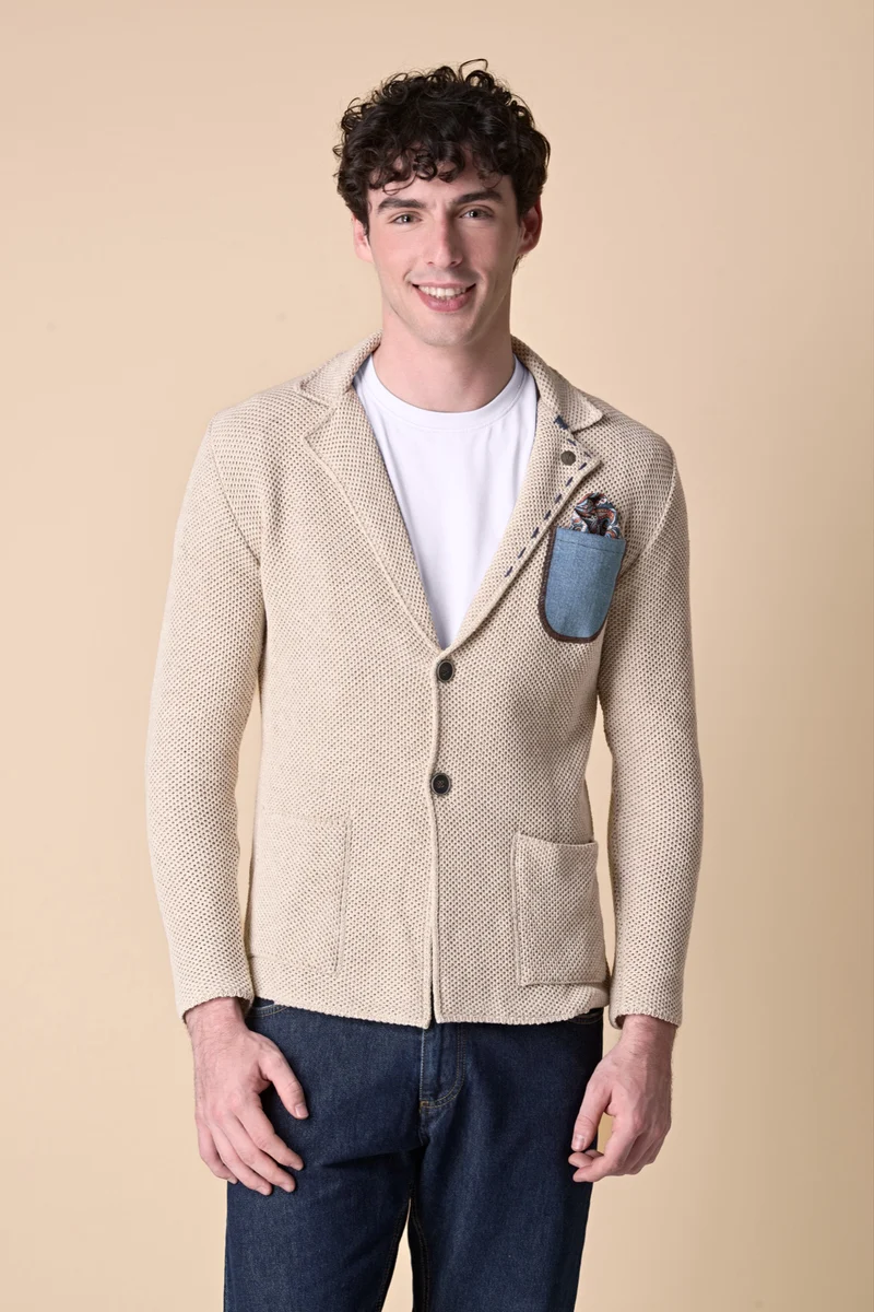 Giacca Monopetto Premium Occhio di Pernice Sabbia con pochette in tessuto V2