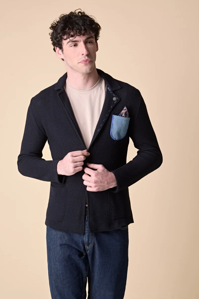 Giacca Monopetto Premium Occhio di Pernice Blu con pochette in tessuto V2