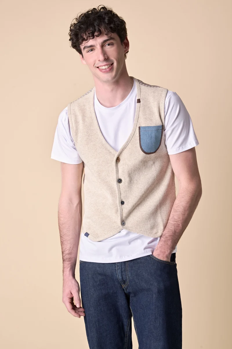 Gilet Monopetto Premium Sabbia con taschino ricamato e retro in tessuto V2