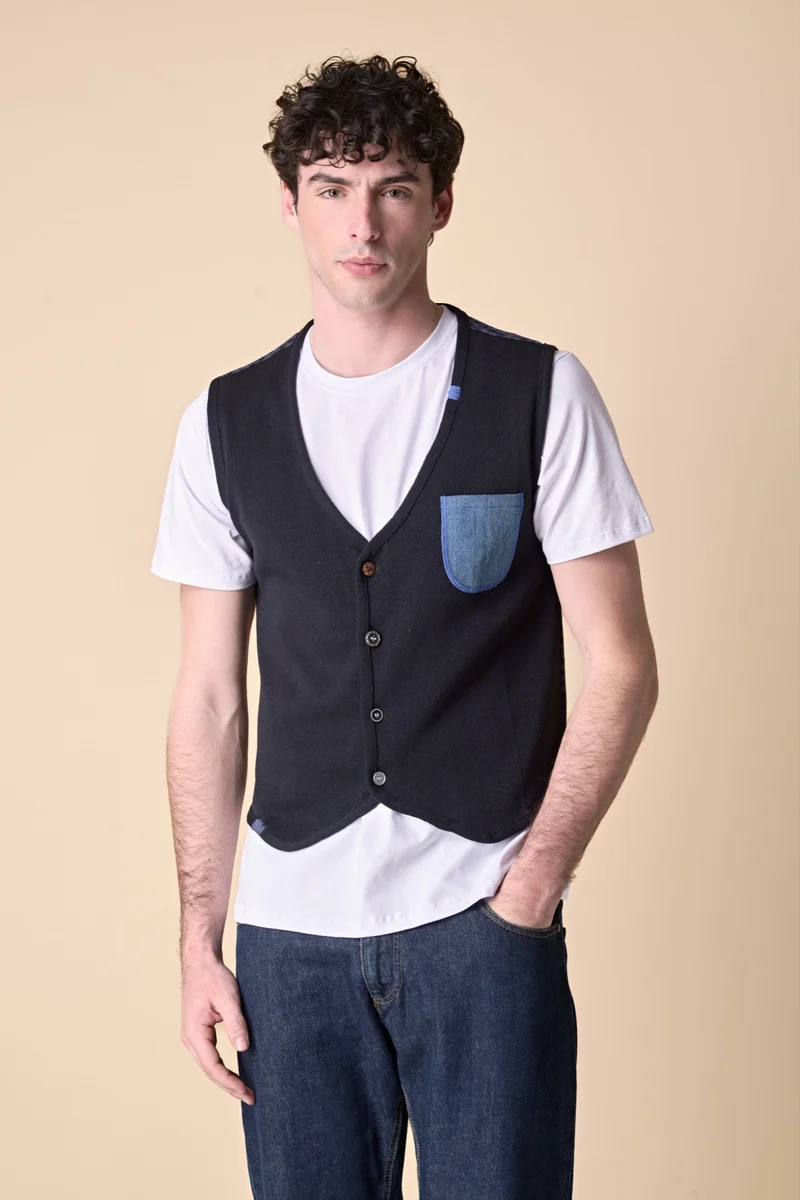 Gilet Monopetto Premium Blu con taschino ricamato e retro in tessuto V2