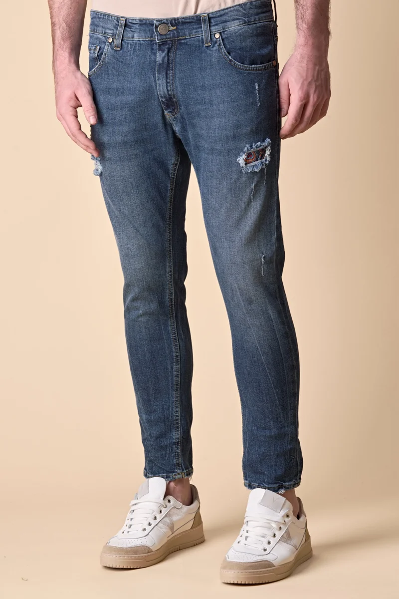 LONDON - Jeans Slim Fit - Blu con doppia Patch frontale e ricamo sul retro in tessuto V2