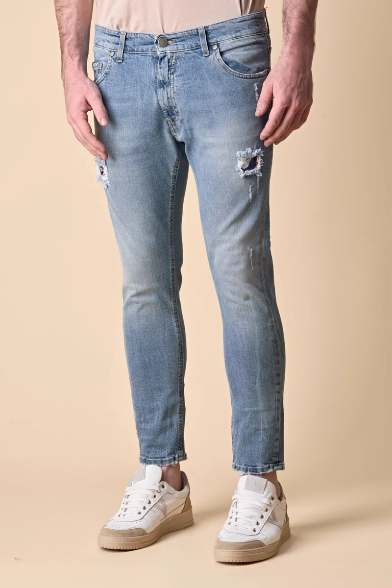 LONDON - Jeans Slim Fit - Azzurro con doppia Patch frontale e tasca in tessuto V2