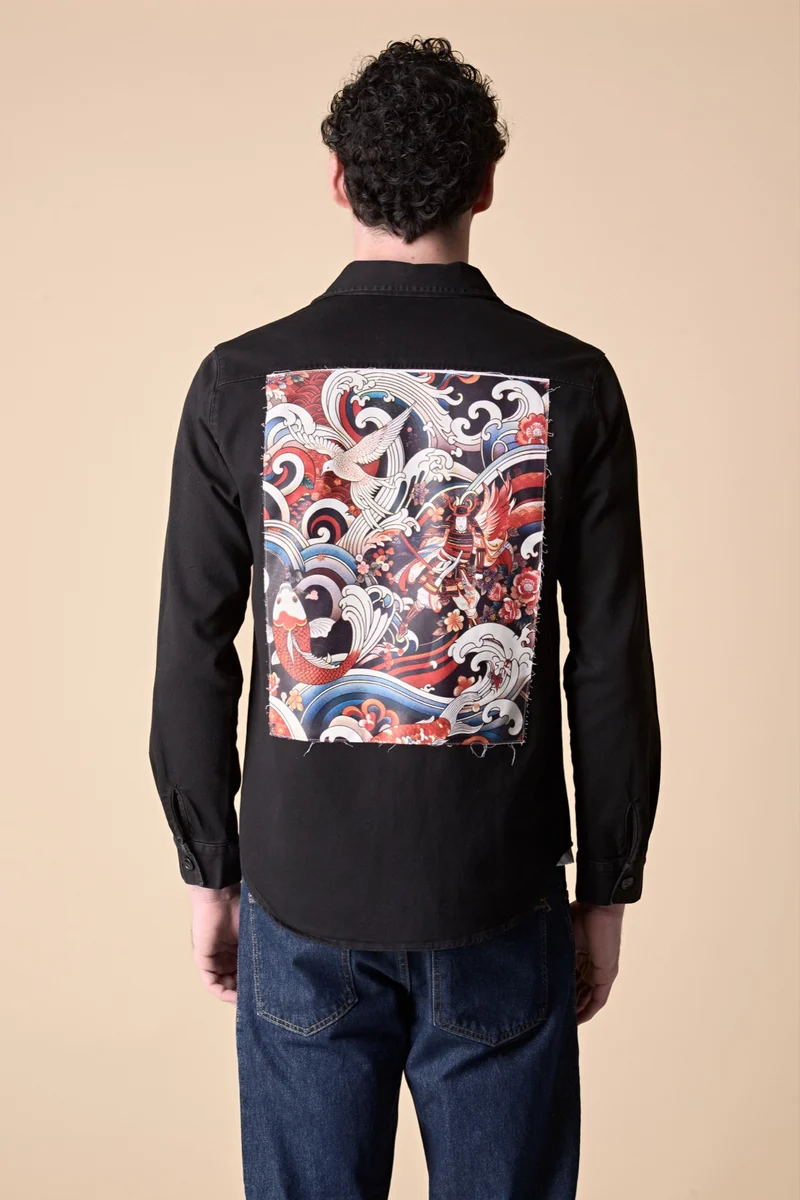 Sahariana Tinto Old Nera con Patch Stampa Samurai sul retro