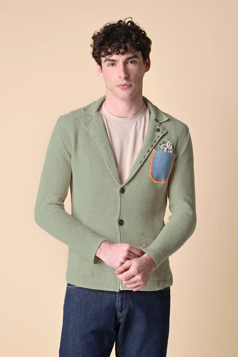 Giacca Monopetto Premium Occhio di Pernice Pesto con pochette in tessuto V2