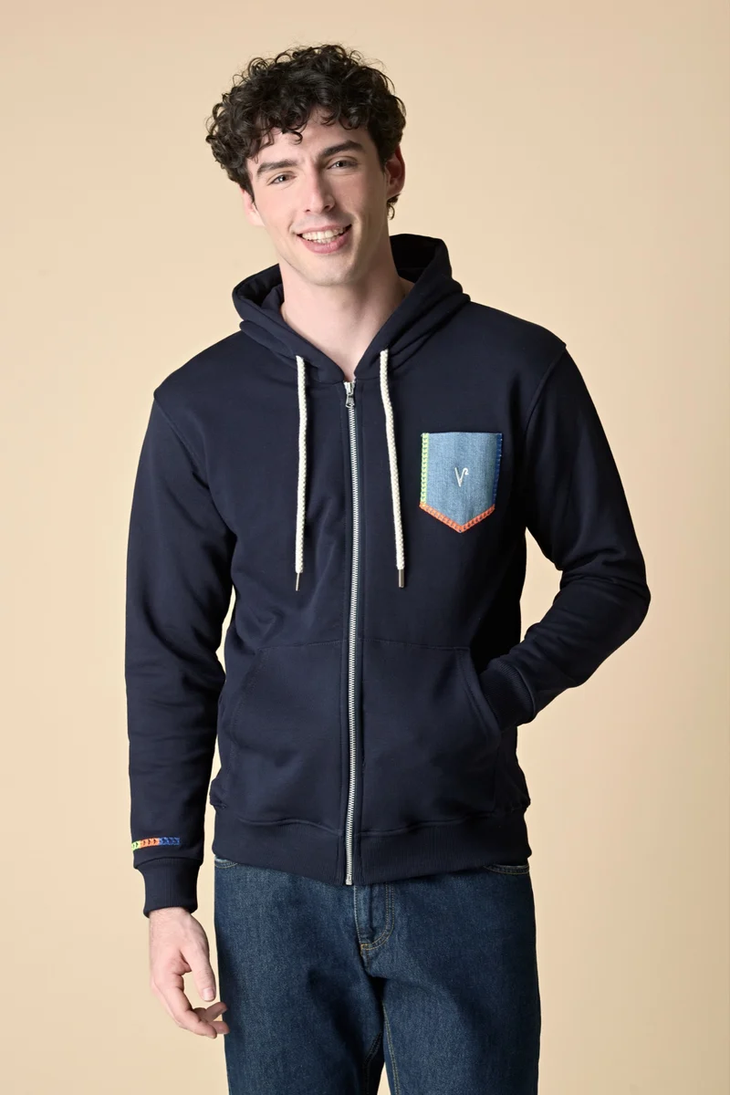Felpa cappuccio e zip Blu con taschino in Jeans e ricami Fluo