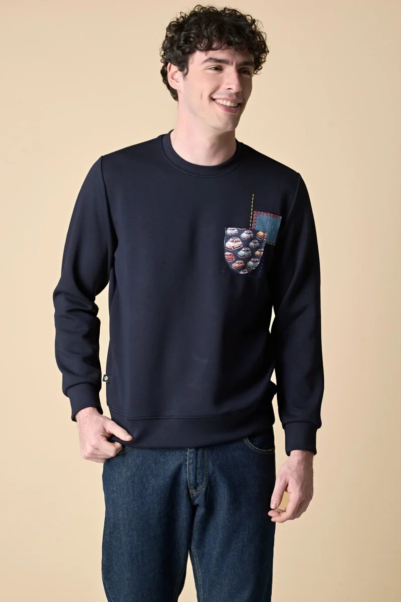 Felpa Girocollo Blu con Taschino e Patch in tessuto V2