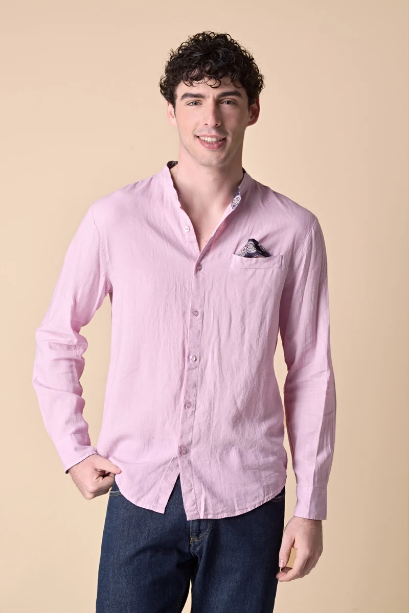 Camicia Coreana in lino tinto capo Rosa Cipria con pochette e dettagli in tessuto V2