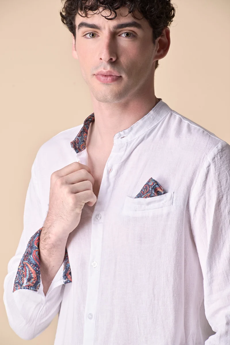 Camicia Coreana in lino tinto capo Bianca con pochette e dettagli in tessuto V2