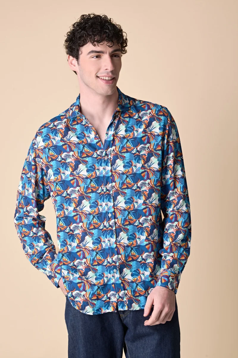 Camicia Stampa All-Over Tropical Blu