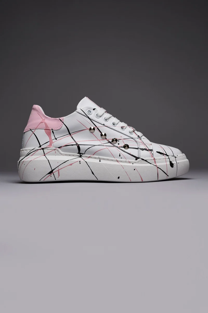 VEGAS - Sneakers a suola alta retro Rosa Pastello con borchie e schizzi di vernice