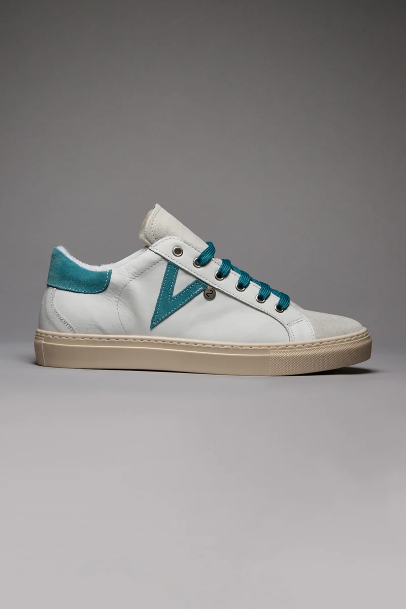 OLYMPIC - Sneakers a suola bassa Bianca con retro e inserto scamosciato Azzurro
