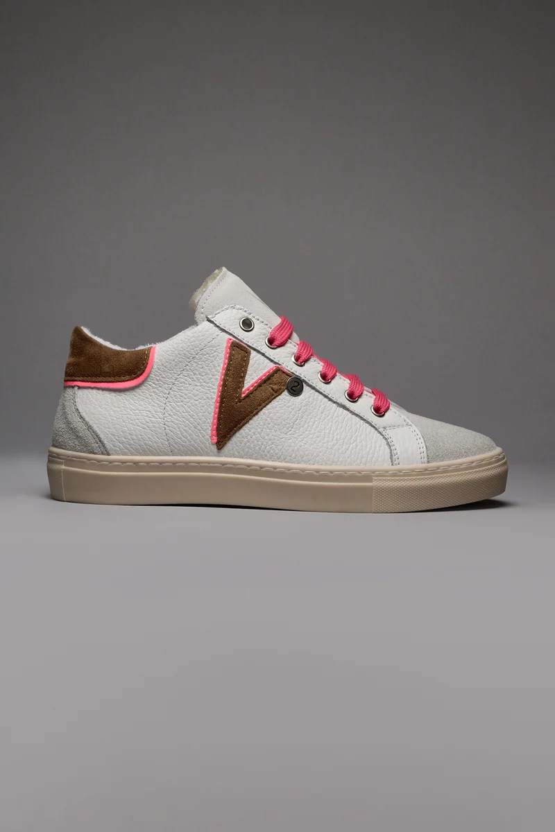 OLYMPIC V - Sneakers a suola bassa in pelle martellata con inserto e retro Bicolor Cuoio e Rosa Fluo