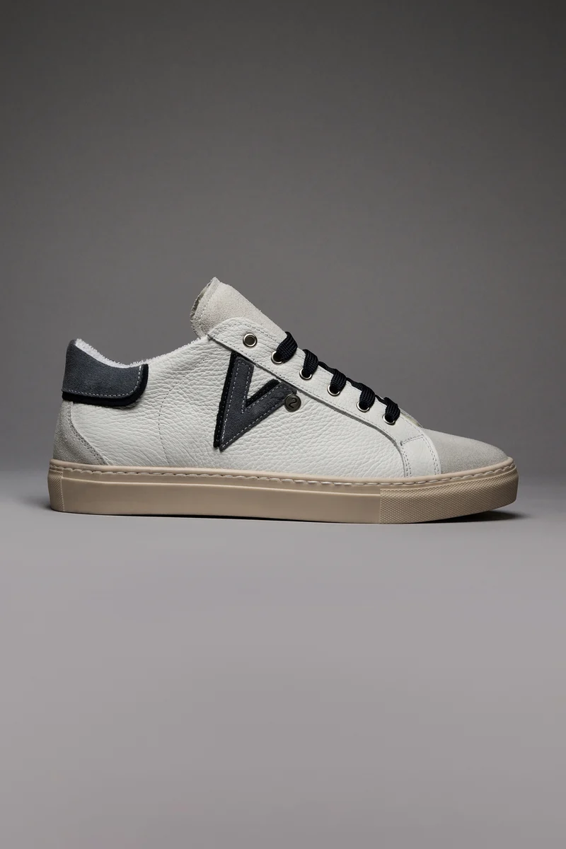 OLYMPIC V - Sneakers a suola bassa in pelle martellata con inserto e retro Bicolor Jeans e Blu