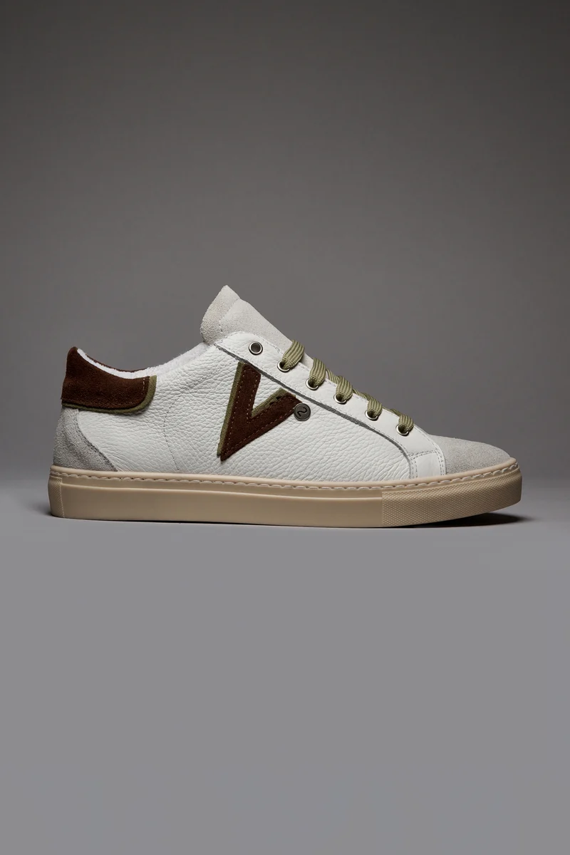 OLYMPIC V - Sneakers a suola bassa in pelle martellata con inserto e retro Bicolor Moro e Pesto