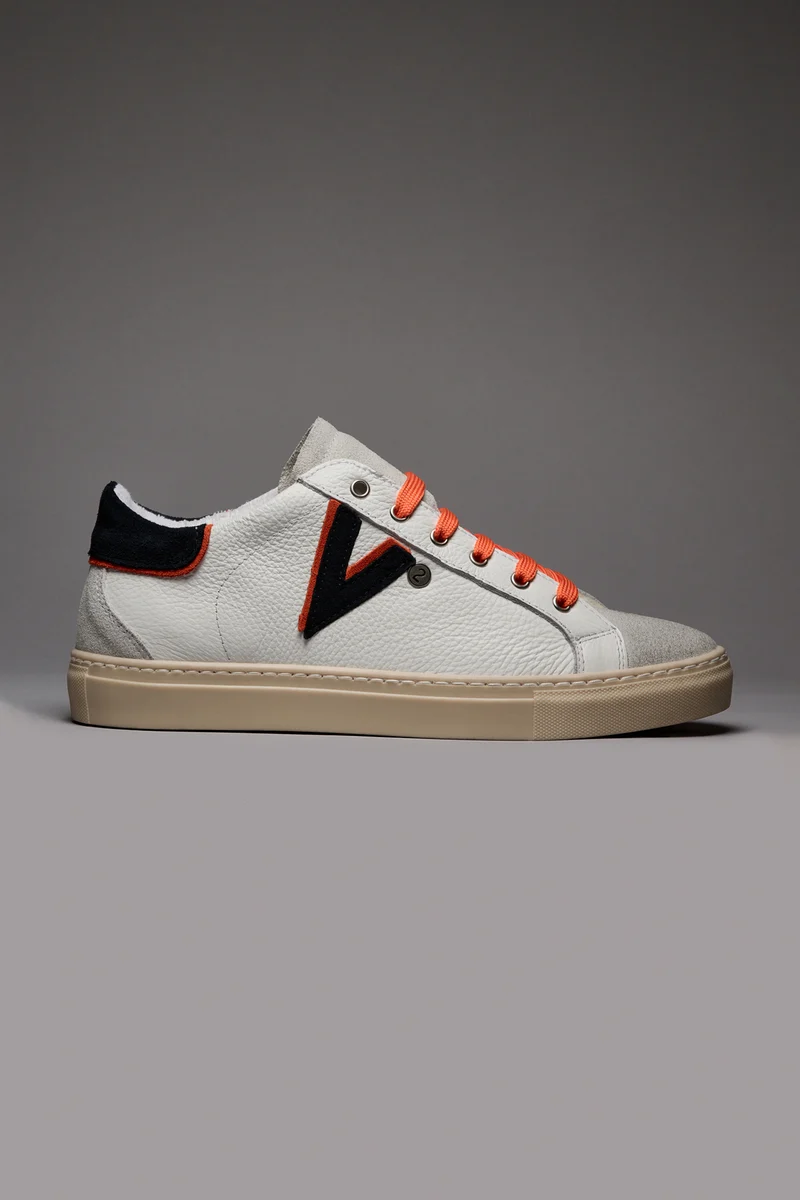 OLYMPIC V - Sneakers a suola bassa in pelle martellata con inserto e retro Bicolor Blu e Arancio