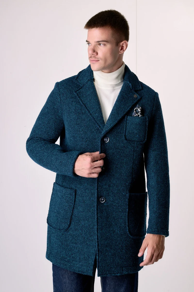 Cappotto Monopetto punto riso Multicolor Blu accoppiato con pochette in Tessuto V2