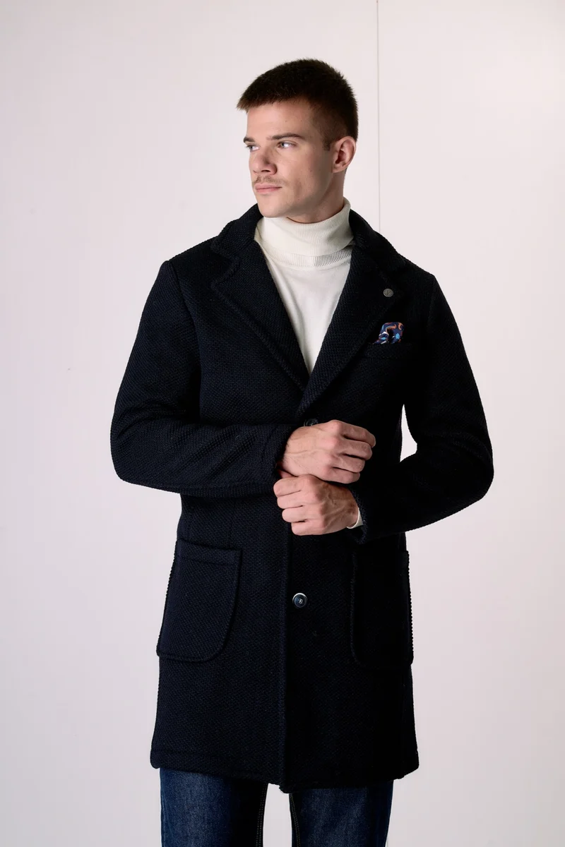 Cappotto Monopetto punto riso Blu con fodera interna e pochette in Tessuto V2