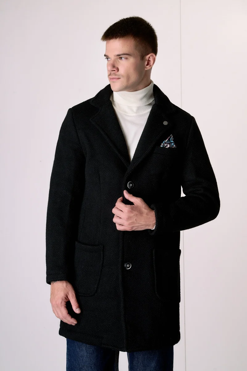 Cappotto Monopetto punto riso Nero con fodera interna e pochette in Tessuto V2