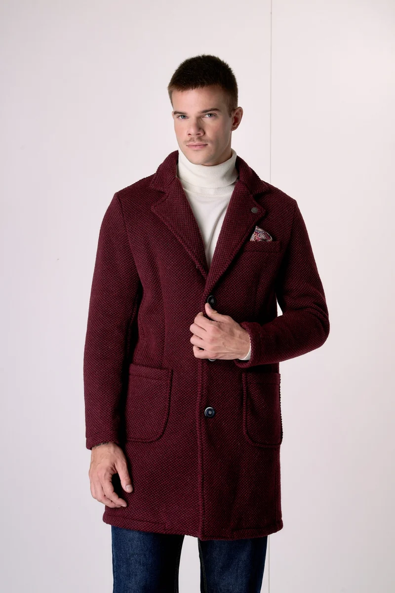 Cappotto Monopetto punto riso Bordeaux con fodera interna e pochette in Tessuto V2
