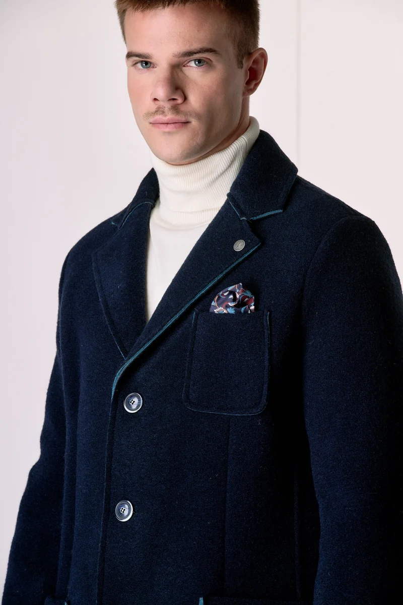 Cappotto in lana cotta accoppiata Blu con Pochette in tessuto V2