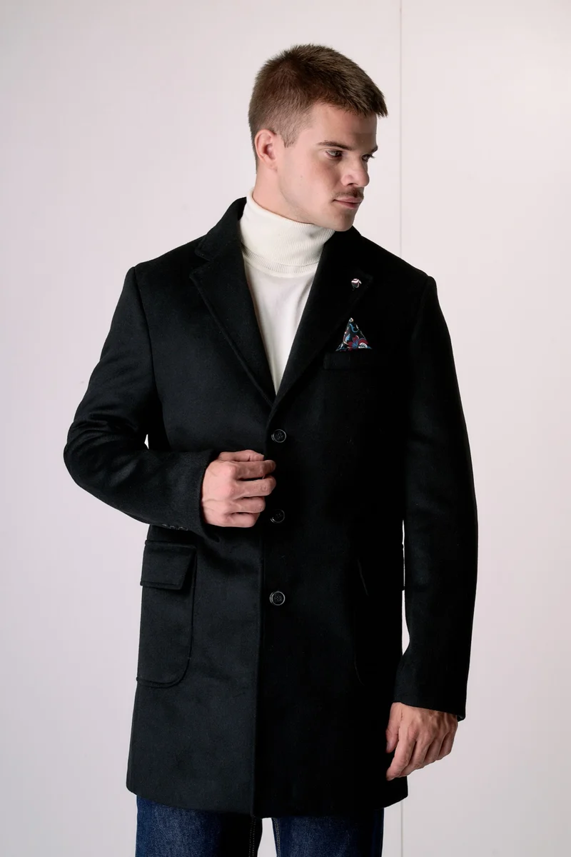 Cappotto Monopetto Sartoriale in lana Nero con pochette e fodera interna in Tessuto V2