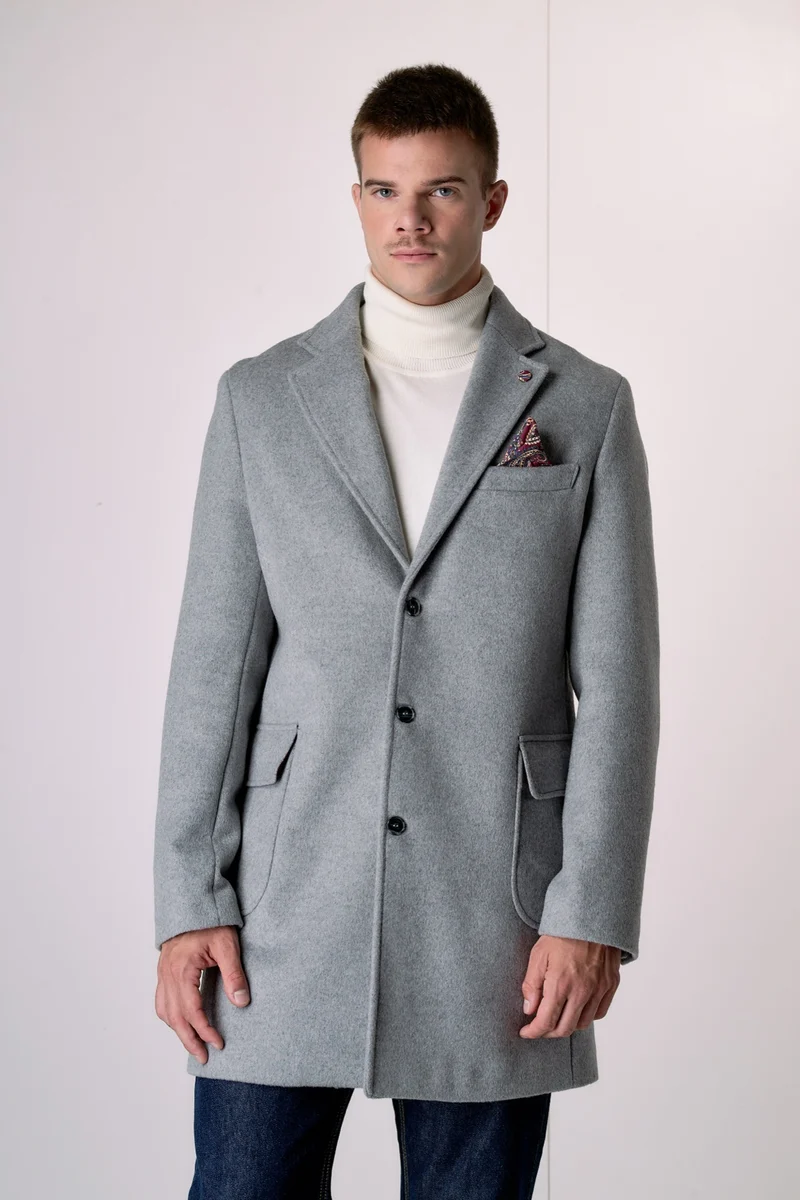 Cappotto Monopetto Sartoriale in lana Grigio con pochette e fodera interna in Tessuto V2