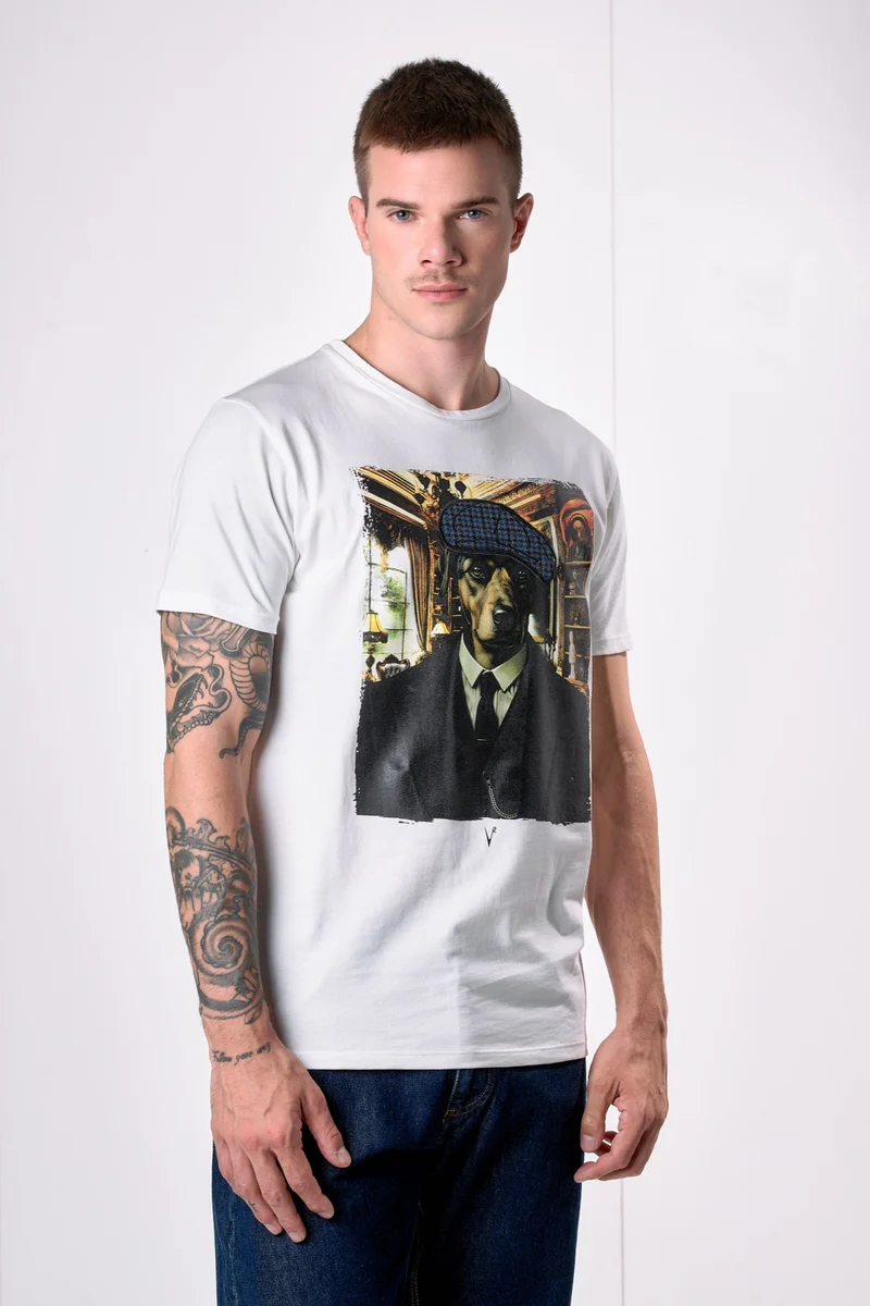 T-Shirt Panna con stampa Dobermann e ricamo in tessuto V2