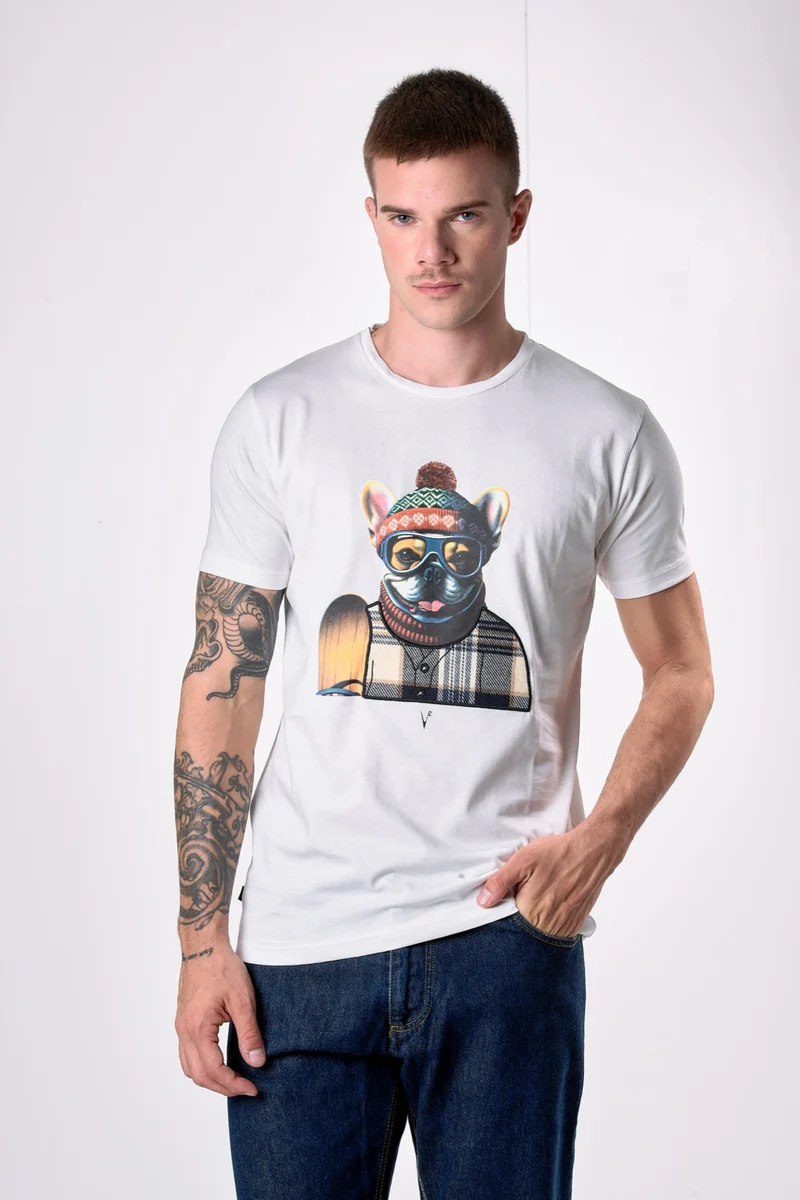 T-Shirt Panna con stampa Bulldog e ricamo in tessuto V2
