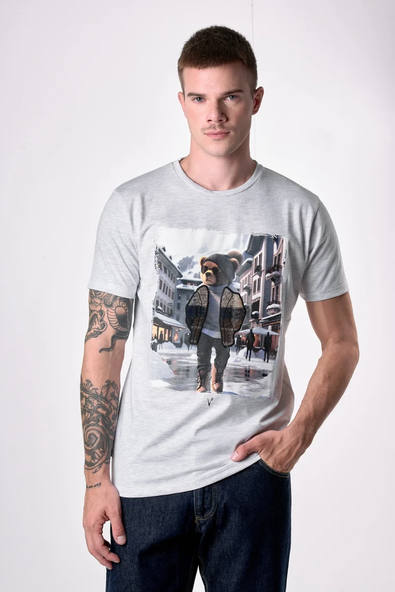 T-Shirt Grigia con stampa Teddy e ricamo in tessuto V2