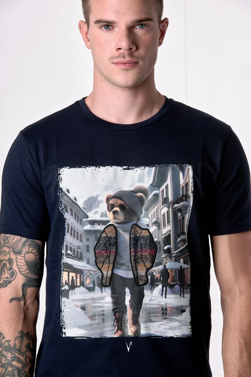 T-Shirt Blu con stampa Teddy e ricamo in tessuto V2