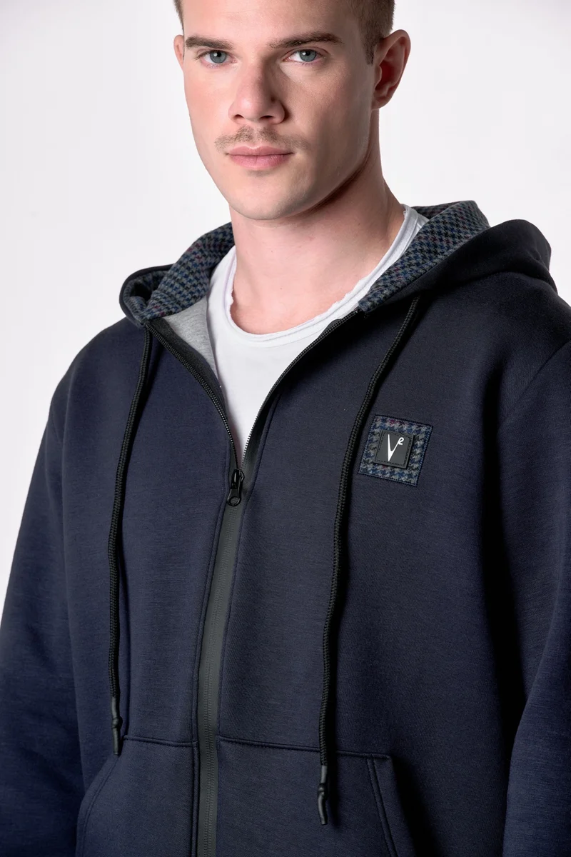Felpa Cappuccio Zip in neoprene Blu con dettagli in tessuto V2