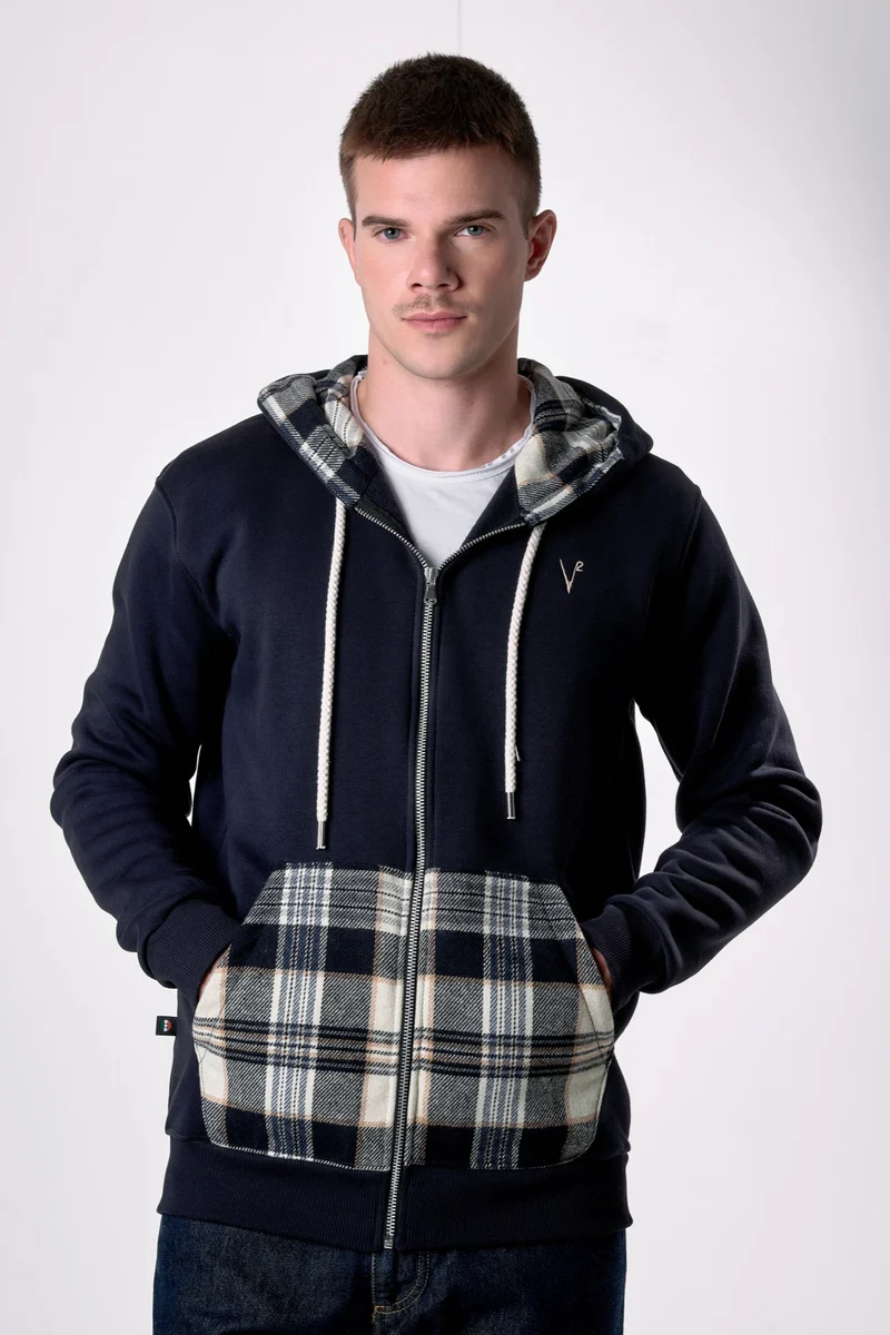 Felpa Cappuccio Zip Blu con tascone e interno in tessuto V2