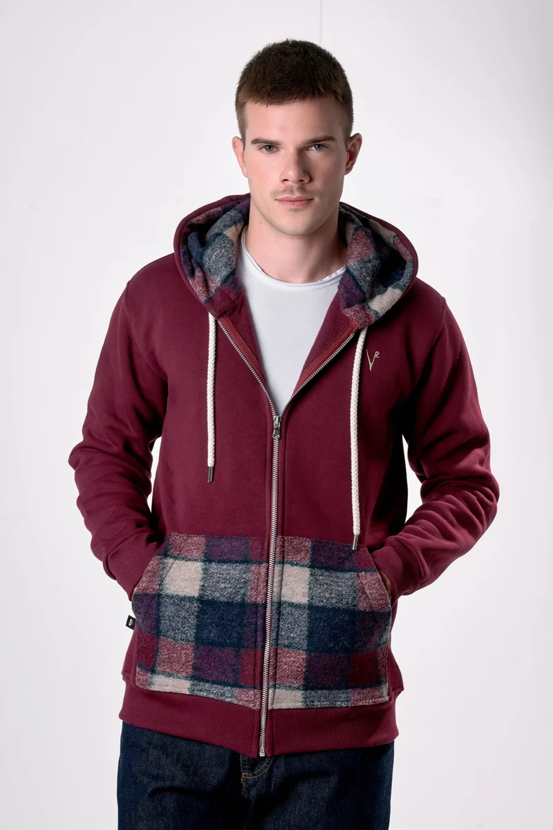 Felpa Cappuccio Zip Bordeaux con tascone e interno in tessuto V2
