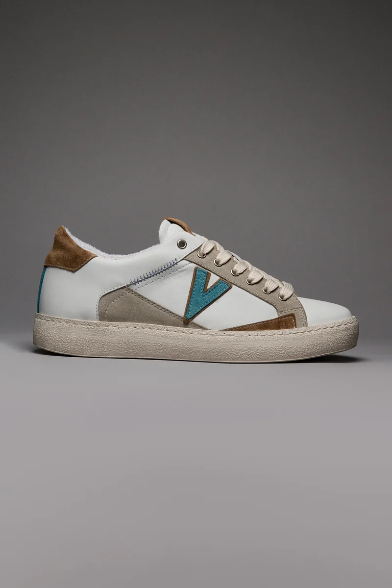 PABLITO - Sneakers con inserti in pelle Cuoio Sabbia e Azzurro e Ricami