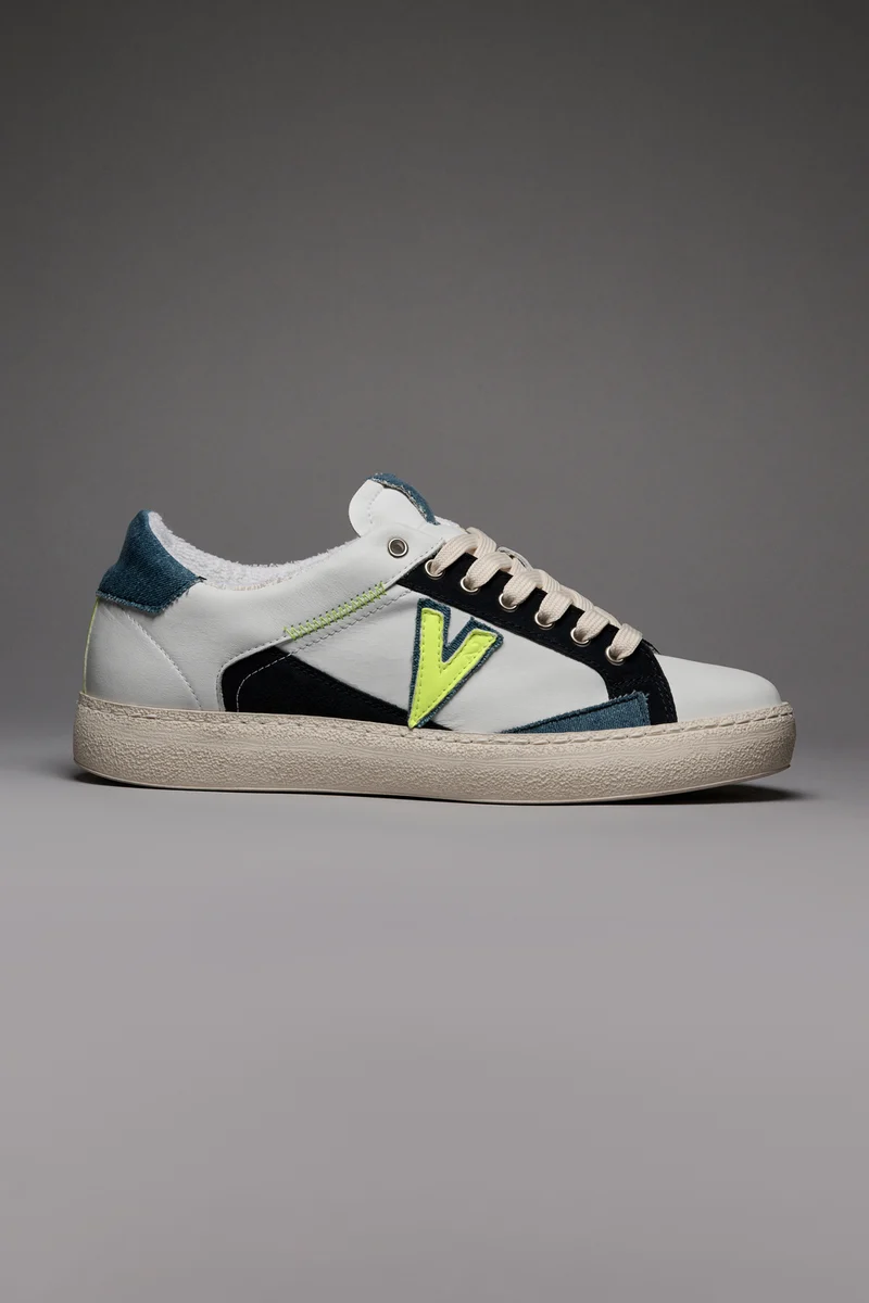 PABLITO - Sneakers con inserti Jeans Blu e Giallo Fluo e Ricami