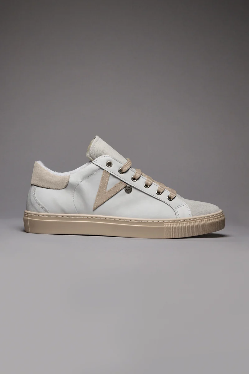 OLYMPIC - Sneakers a suola bassa Bianca con retro e inserto scamosciato Sabbia