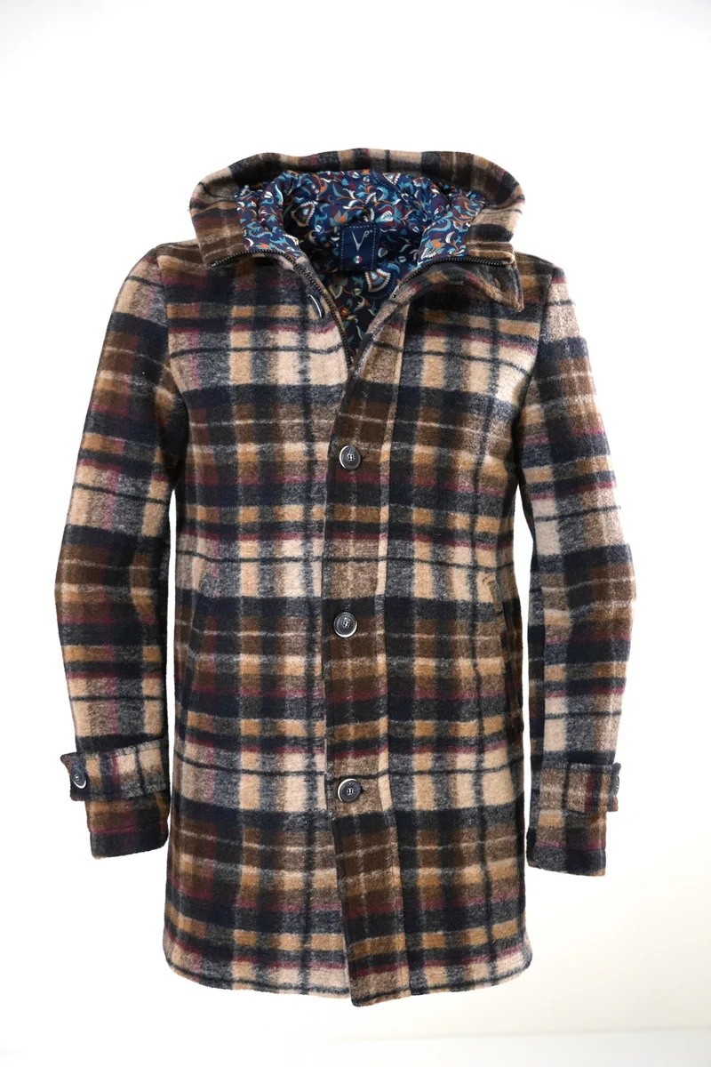 Parka in lana cotta Check Multicolor Blu con fodera interna in tessuto V2