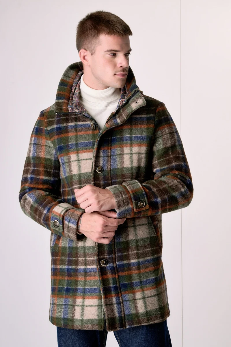 Parka in lana cotta Check Multicolor Verde Militare con fodera interna in tessuto V2