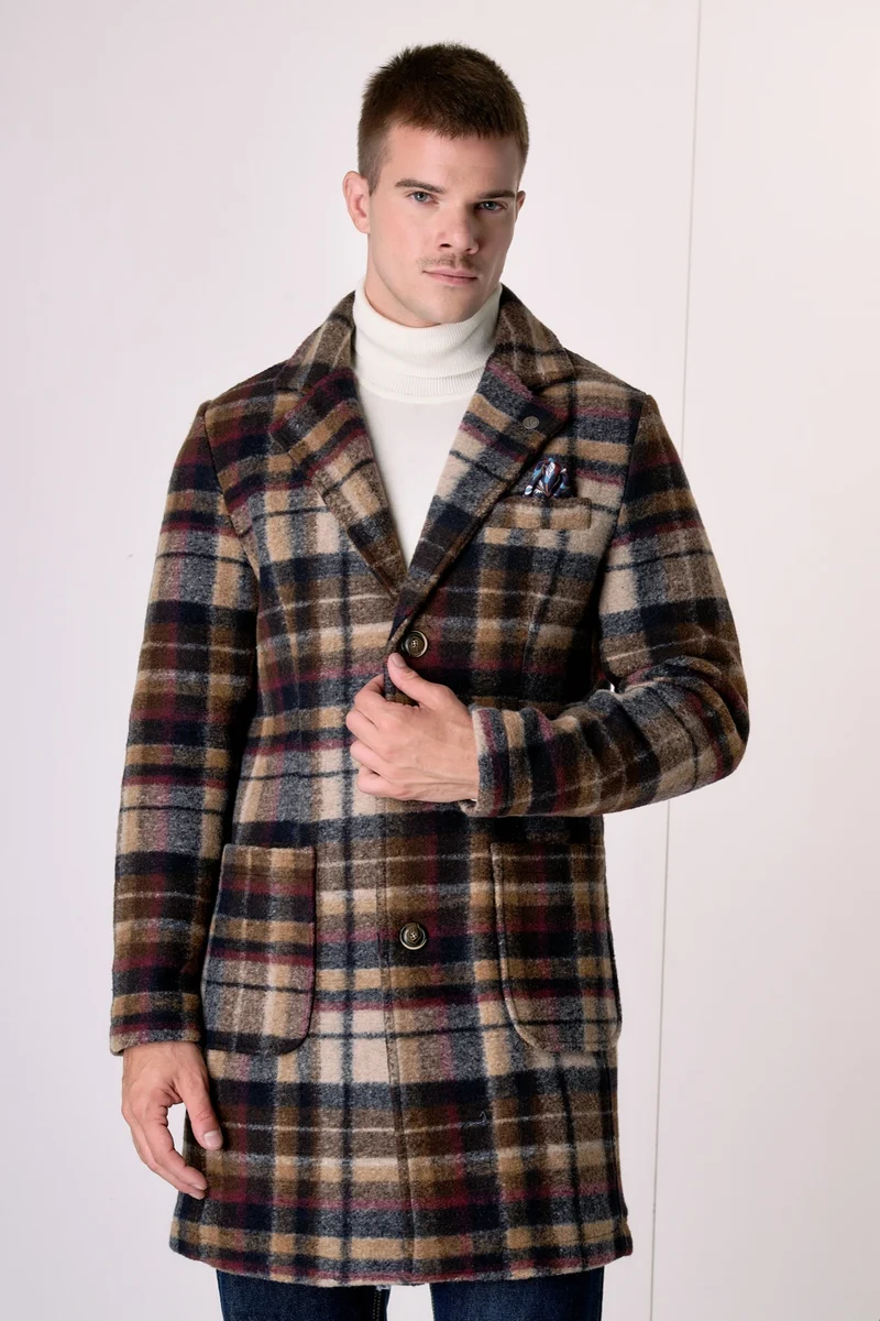 Cappotto Monopetto in lana cotta Check Multicolor Blu con fodera interna e pochette in tessuto V2