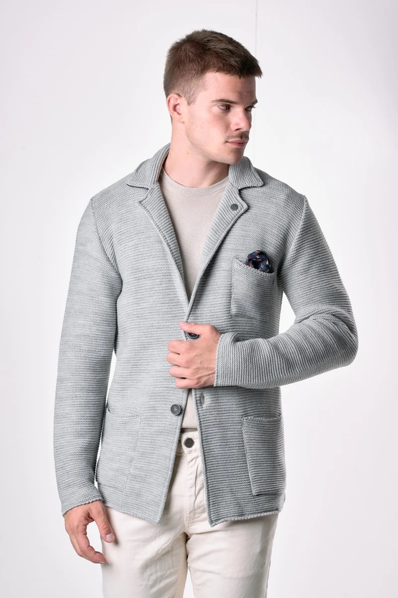 Giacca Monopetto Links Grigio Perla con interno collo e pochette in tessuto V2