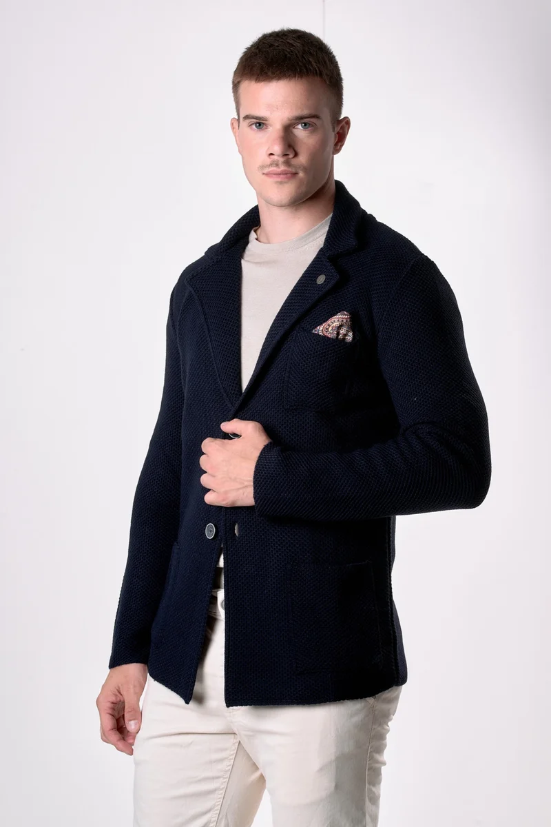 Giacca Monopetto Occhio di Pernice Blu con pochette in tessuto V2