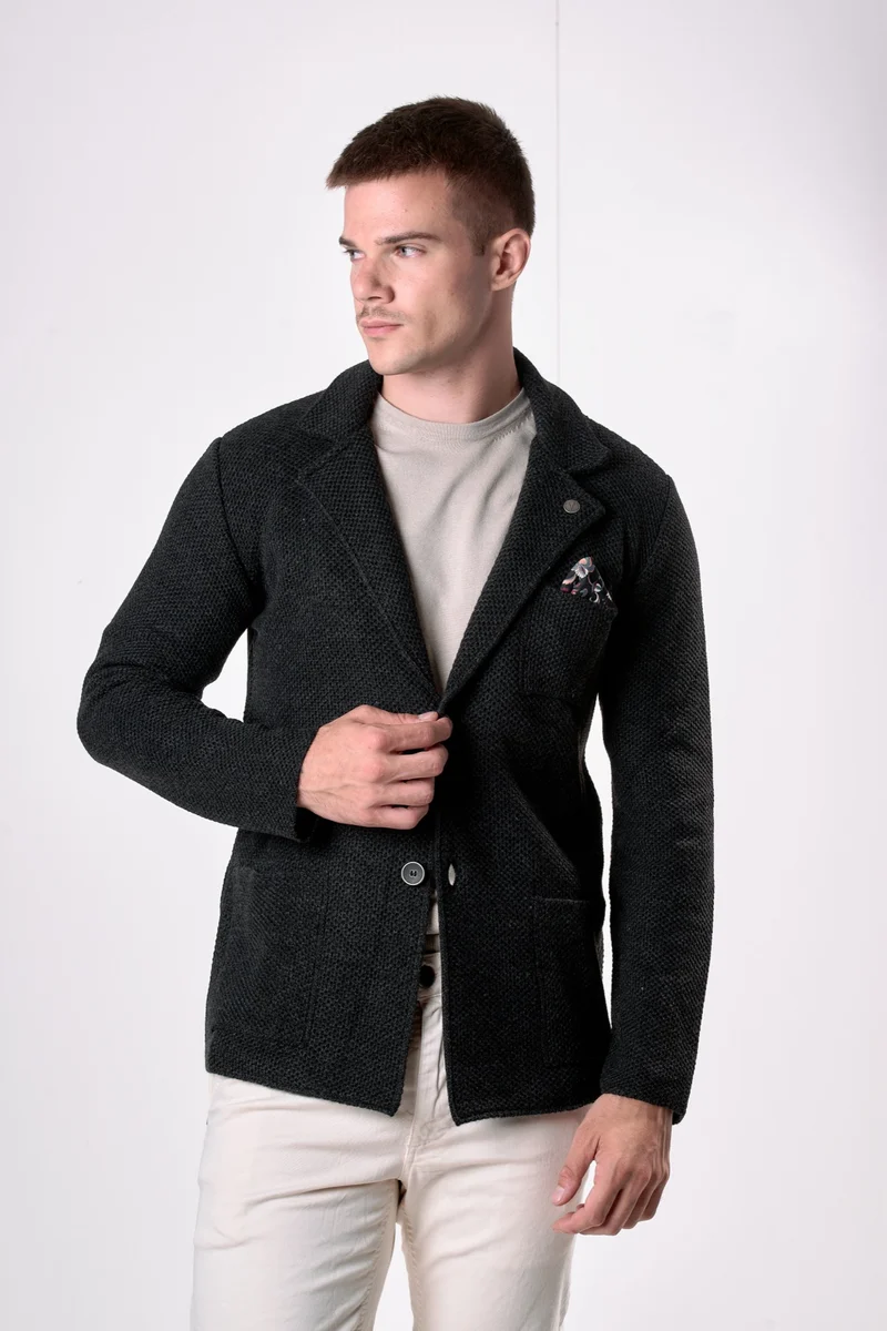 Giacca Monopetto Occhio di Pernice Grigio Antracite con pochette in tessuto V2
