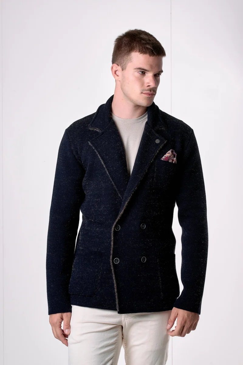 Giacca Doppiopetto in filato Soft Touch Blu con pochette in tessuto V2