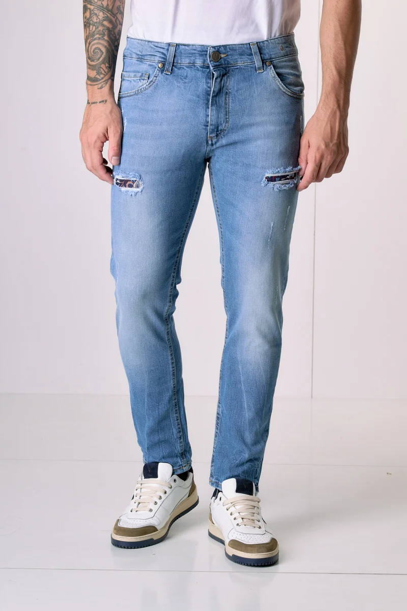 LONDON - Jeans Slim Fit - Azzurro con doppia Patch frontale e tasca in tessuto V2