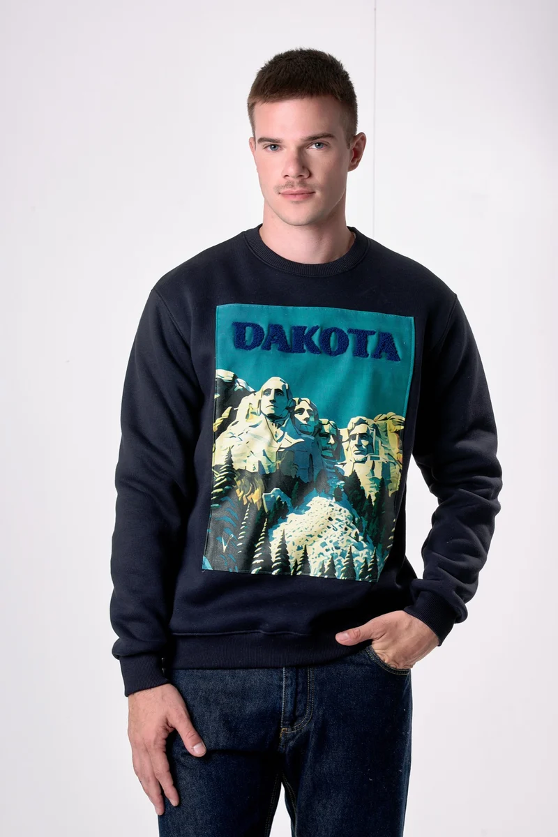 Felpa Girocollo Blu con stampa e ricamo Dakota
